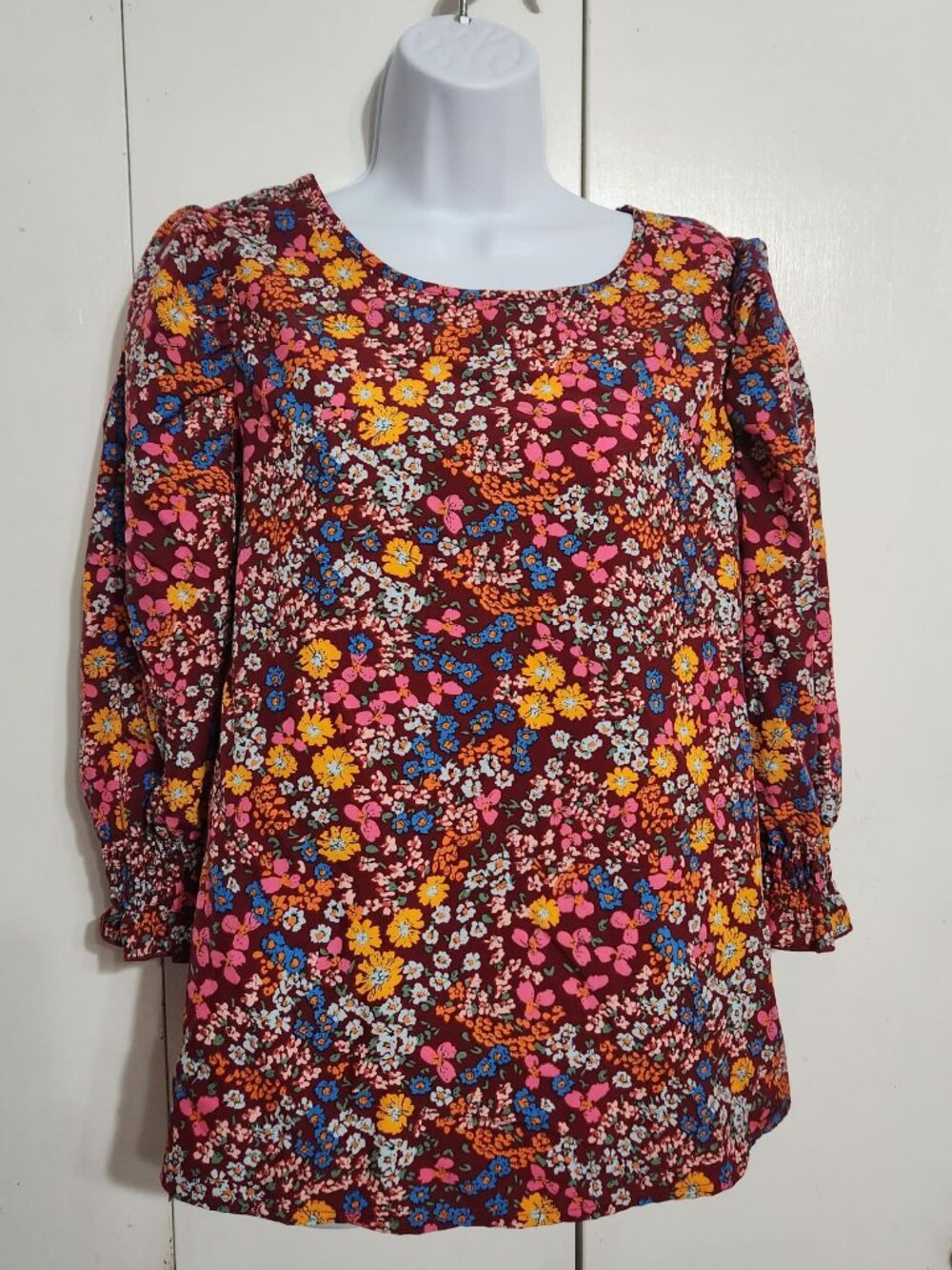 SHEIN Multicolor Floral Print Blouse Womens Medium Smocked Cuffs Long Sleeve Top
